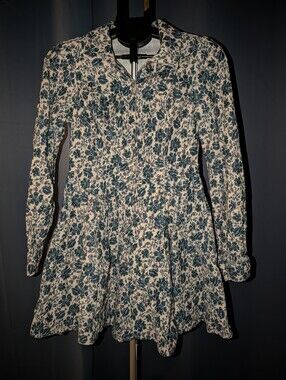 Floral Button-Front Long Sleeve Dress - Blue/White